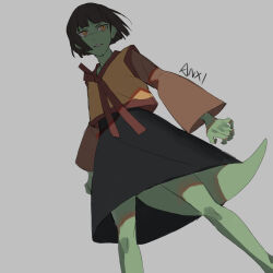 Rule 34 | 1girl, anak zahard, black skirt, blunt bangs, blunt ends, brown hair, clenched hand, colored skin, dutch angle, feet out of frame, flat chest, furrowed brow, green skin, grey background, hanbok, highres, korean clothes, legs apart, lizard tail, looking to the side, open mouth, reptile girl, serious, shade, shadow, short hair, signature, simple background, skirt, solo, standing, tail, tower of god, v-shaped eyebrows, yellow eyes, yidaikong