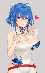 Rule 34 | 1girl, ahoge, azur lane, blue hair, blush, bow, braid, breasts, cleavage, closed mouth, hair bow, heart, kinokorec, large breasts, looking at viewer, pink eyes, short hair, smile, solo, st. louis (azur lane), st. louis (blue and white pottery) (azur lane), twin braids, upper body, white bow