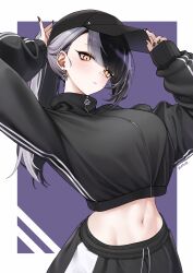 1girl absurdres adjusting_clothes adjusting_headwear alternate_costume alternate_hairstyle arms_up artist_name baseball_cap black_hair black_hat black_jacket black_pants breasts closed_mouth commentary cropped_jacket ear_piercing earrings hat highres hololive hololive_english jacket jewelry large_breasts long_hair long_sleeves looking_at_viewer midriff mintz912 multicolored_hair navel pants piercing ponytail puffy_long_sleeves puffy_sleeves shiori_novella simple_background solo split-color_hair stomach streaked_hair turtleneck turtleneck_jacket two-tone_background virtual_youtuber white_hair yellow_eyes