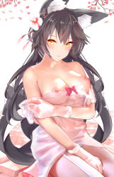 Rule 34 | 1girl, absurdres, alternate costume, animal ear fluff, animal ears, aruuin, atago (azur lane), azur lane, bare shoulders, between legs, black hair, blush, breasts, brown eyes, cherry blossoms, closed mouth, collarbone, day, dress, dress slip, extra ears, garter straps, gloves, hair between eyes, hair ribbon, hand between legs, highres, large breasts, lingerie, long hair, looking at viewer, mole, mole under eye, nipple slip, nipples, off shoulder, outdoors, ribbon, see-through, sidelocks, sitting, solo, swept bangs, underwear, white ribbon, yellow eyes