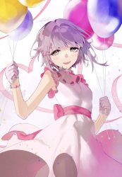 Rule 34 | 1girl, back bow, balloon, bare shoulders, bow, bracelet, breasts, commentary, commentary request, cowboy shot, dress, eyelashes, gloves, hair intakes, hair ornament, hairpin, highres, holding, holding balloon, idolmaster, idolmaster cinderella girls, jewelry, koshimizu sachiko, koyo akio, looking at viewer, open mouth, pink bow, pink neckwear, purple hair, short hair, signature, simple background, sleeveless, sleeveless dress, small breasts, smile, solo, standing, swept bangs, symbol-only commentary, white background, white dress, white gloves, yellow eyes