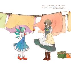 Rule 34 | 2girls, alternate hair color, apron, bad id, bad pixiv id, blue hair, blush, boots, bow, braid, brown hair, cirno, clothesline, english text, engrish text, closed eyes, fairy, flower, gloves, grey hair, hair bow, izayoi sakuya, kikurina, laundry, maid, maid apron, mary janes, multiple girls, open mouth, ranguage, ribbon, shoes, smile, touhou, twin braids, wings