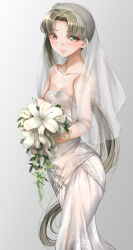 Rule 34 | 1girl, alternate costume, ayanami (kancolle), bouquet, breasts, bridal veil, brown eyes, brown hair, commission, cowboy shot, dress, feet out of frame, flower, gradient background, highres, kantai collection, long hair, side ponytail, small breasts, solo, standing, strapless, strapless dress, tororo ten, veil, wedding dress, white dress