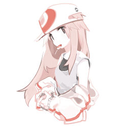 Rule 34 | 1girl, black eyes, brown hair, candy, commentary, creatures (company), food, game freak, hair flaps, hat, interlocked fingers, jacket, leaf (pokemon), lillin, lollipop, long hair, long sleeves, looking at viewer, mouth hold, nintendo, off shoulder, own hands together, pokemon, pokemon frlg, shirt, simple background, sleeveless, sleeveless shirt, solo, upper body, white background, white hat, white jacket