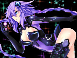 Rule 34 | 10s, 1girl, blue eyes, braid, breasts, cleavage, cleavage cutout, clothing cutout, from side, gloves, hair ornament, highres, leotard, long hair, neptune (neptunia), neptune (series), purple hair, purple heart (neptunia), shishin (shishintei), solo, symbol-shaped pupils, twin braids, very long hair
