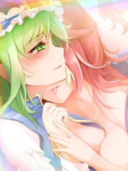 Rule 34 | 2girls, asymmetrical docking, asymmetrical hair, blouse, blue vest, blush, breast press, breasts, commentary request, edaman, green eyes, green hair, hair between eyes, holding hands, large breasts, long sleeves, medium breasts, medium hair, multiple girls, onozuka komachi, open clothes, open mouth, open shirt, red hair, shiki eiki, shirt, tearing up, tongue, tongue out, touhou, upper body, vest, white shirt, yuri