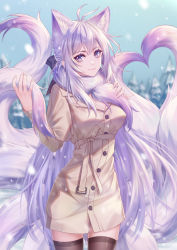 Rule 34 | 1girl, absurdres, animal ears, black thighhighs, breasts, commentary, cowboy shot, dress, fox ears, fox tail, hands up, heart, heart tail, highres, kirby d a, long hair, long sleeves, looking at viewer, medium breasts, multiple tails, original, purple eyes, revision, silver hair, smile, solo, standing, tail, thighhighs, very long hair, zettai ryouiki