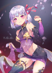 Rule 34 | 1girl, bare shoulders, blush, commentary request, copyright name, cowboy shot, detached sleeves, dress, earrings, elbow gloves, fate/grand order, fate (series), gloves, gradient background, hair ribbon, jewelry, kama (fate), kama (first ascension) (fate), leaning forward, looking at viewer, panties, pantyshot, parted lips, purple dress, red eyes, ribbon, shiny clothes, short hair, silver hair, sleeveless, solo, standing, underwear, white panties, yoshimoto (dear life)