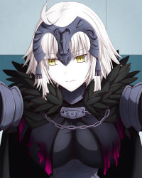 Rule 34 | 1girl, ahoge, blonde hair, breasts, chain, expressionless, fate/grand order, fate (series), feather trim, feathered cape, hasebe akira, highres, jeanne d&#039;arc (fate), jeanne d&#039;arc alter (avenger) (fate), jeanne d&#039;arc alter (fate), kabedon, looking to the side, medium breasts, short hair, solo, upper body, yellow eyes