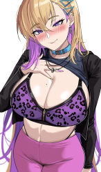 Rule 34 | 1girl, absurdres, black jacket, blonde hair, blue choker, blush, boryeon (last origin), breasts, choker, cleavage, closed mouth, commentary, earrings, english commentary, fingernails, hair between eyes, hair ornament, hella p, highres, jacket, jewelry, large breasts, last origin, long hair, long sleeves, looking at viewer, mole, mole on breast, multicolored hair, multicolored nails, nail polish, necklace, open clothes, open jacket, pants, pink pants, purple eyes, purple hair, purple nails, sharp fingernails, simple background, smile, solo, sports bra, white background, zipper