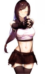 Rule 34 | 1girl, absurdres, black gloves, black hair, black skirt, black thighhighs, blush, breasts, crop top, elbow gloves, final fantasy, final fantasy vii, final fantasy vii remake, finger gun, fingerless gloves, gloves, highres, kavies, large breasts, long hair, looking at viewer, low-tied long hair, medium breasts, navel, one eye closed, own hands together, pleated skirt, red eyes, shirt, sidelocks, simple background, skirt, smile, solo, sports bra, suspender skirt, suspenders, tank top, thighhighs, tifa lockhart, very long hair, white background, white shirt, zettai ryouiki