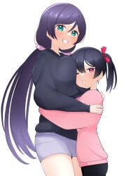 Rule 34 | 2girls, angry, black hair, breast press, breasts, breasts, green eyes, head on another&#039;s breasts, highres, hug, huge breasts, kooei, love live!, love live! school idol project, multiple girls, pink eyes, purple hair, scrunchie, size difference, smile, tagme, tojo nozomi, twintails, yazawa nico