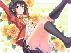 Rule 34 | 1girl, arm behind head, arms behind head, black hair, blazer, blush, bow, bowtie, center frills, commentary, flower, frilled skirt, frills, grey eyes, ispin charles, jacket, kneehighs, legs up, petals, short hair, skirt, socks, solo, striped, striped background, sunflower, tales weaver, thighs, uniform, yellow bow, yellow bowtie, yukise akito