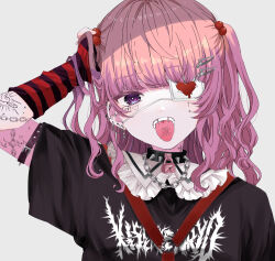 Rule 34 | 1girl, absurdres, choker, ear piercing, eyepatch, fangs, fashion, hair ornament, highres, lock, original, piercing, pink hair, purple eyes, spring 666, tongue, tongue out, twintails