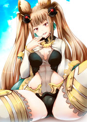 Rule 34 | 10s, 1girl, animal ears, blonde hair, blue sky, breasts, cloud, covered navel, erune, granblue fantasy, hair ornament, head tilt, light brown hair, long hair, long sleeves, looking at viewer, metera (granblue fantasy), mole, mole under mouth, navel, partially visible vulva, revealing clothes, see-through, sitting, sky, smile, solo, spread legs, tekehiro, thighhighs, tongue, tongue out, twintails, very long hair
