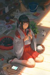 Rule 34 | 1girl, absurdres, basket, black hair, brown eyes, bucket, cat, cellphone, closed mouth, commentary, cup, cushion, day, earphones removed, geta, guweiz, hair ornament, hairclip, hakama, hakama skirt, highres, holding, indoors, japanese clothes, light smile, long sleeves, looking at viewer, magazine (object), miko, original, phone, plant, pleated skirt, pot, potted plant, sitting, skirt, smartphone, socks, solo, tabi, teapot, tray, twintails, wide sleeves, yunomi