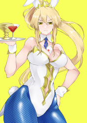 Rule 34 | 1girl, ahoge, artoria pendragon (all), artoria pendragon (fate), artoria pendragon (swimsuit ruler) (fate), bare shoulders, between breasts, blonde hair, blue necktie, breasts, card, cleavage, closed mouth, cocktail glass, commentary request, contrapposto, cup, detached collar, drinking glass, fate/grand order, fate (series), fishnet pantyhose, fishnets, frown, hair between eyes, hand on own hip, highres, holding, holding tray, holy grail (fate), idoke kaeru, leotard, long hair, looking at viewer, necktie, necktie between breasts, pantyhose, playboy bunny, playing card, ponytail, sidelocks, simple background, solo, standing, tray, wrist cuffs, yellow background, yellow eyes
