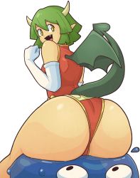 Rule 34 | 1girl, ass, ass focus, draco centauros, dragon girl, dragon tail, fang, from behind, fumphole, green hair, highres, huge ass, leotard, looking back, puyopuyo, sega, sitting, sitting on object, slime, smile, tail