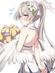 Rule 34 | 1girl, absurdres, alternate costume, alternate hairstyle, angel wings, aonegi, artist name, bare arms, blonde hair, blue archive, blush, braid, breasts, cheerleader, crown braid, embarrassed, feathered wings, flower, flying sweatdrops, from behind, hair flower, hair ornament, hair ribbon, halo, highres, medium breasts, millennium cheerleader outfit (blue archive), nagisa (blue archive), pleated skirt, pom pom (cheerleading), ponytail, ribbon, sideboob, signature, simple background, skirt, solo, standing, sweat, white background, white ribbon, white skirt, white wings, wings