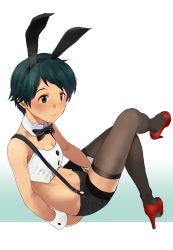 Rule 34 | 1girl, animal ears, black bow, black bowtie, black hair, black shorts, black thighhighs, bow, bowtie, breasts, crop top, detached collar, gradient background, green eyes, high heels, highres, kantai collection, looking to the side, mogami (kancolle), rabbit ears, rabbit girl, red footwear, short hair, shorts, small breasts, smile, solo, suspenders, thighhighs, tooku nomura (artist), white background, wrist cuffs