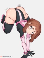 Rule 34 | 1girl, all fours, artist name, ass, bent over, blush stickers, boku no hero academia, boots, brown eyes, brown hair, closed mouth, gloves, hands on ground, highleg, highleg leotard, highres, honeyshaman, invisible wall, leotard, long sleeves, looking at viewer, motion lines, patreon logo, patreon username, short eyebrows, short hair, sidelocks, simple background, skindentation, smile, solo, superhero costume, thighhighs, thighs, top-down bottom-up, uraraka ochako, white background