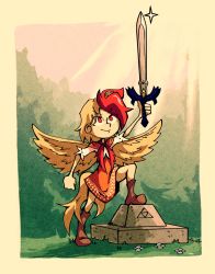 Rule 34 | 1girl, animal, animal on head, bird, bird on head, bird wings, blonde hair, boots, border, brown footwear, chick, closed mouth, commentary, dress, english commentary, forest, full body, highres, holding, holding sword, holding weapon, looking up, master sword, multicolored hair, nature, nintendo, niwatari kutaka, on head, orange dress, outdoors, red eyes, red hair, setz, short hair, short sleeves, smile, solo, standing, sword, the legend of zelda, touhou, triforce, two-tone hair, weapon, white border, wings