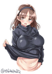 Rule 34 | 1girl, alternate costume, black hairband, black sweater, blush, breasts, brown eyes, brown hair, chiyoda (kancolle), clothes lift, commentary request, ebifurya, fat rolls, hairband, highres, kantai collection, large breasts, lifted by self, long hair, long sleeves, looking at viewer, open mouth, plump, ribbed sweater, simple background, solo, sweater, sweater lift, turtleneck, turtleneck sweater, twitter username, white background