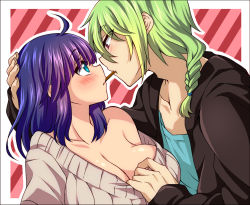 Rule 34 | 1boy, 1girl, antenna hair, aqua eyes, bad id, bad pixiv id, blush, braid, breasts, cleavage, clothes pull, coat, collarbone, couple, eye contact, food, green hair, hand on another&#039;s head, imminent kiss, jinguu shion, kamihara ichi, large breasts, looking at another, naked sweater, natsu hotaru, off shoulder, original, pocky, pocky kiss, purple hair, red eyes, ribbed sweater, shared food, short hair, striped, striped background, sweater, sweater pull