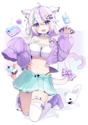 Rule 34 | 1girl, :d, absurdres, ahoge, animal ears, aqua choker, aqua skirt, bare shoulders, belt, black panties, breasts, cat ears, cat tail, choker, chon (chon33v), claw pose, cleavage cutout, clothing cutout, colored inner hair, commentary request, crop top, hair ornament, hairclip, hand up, heart, heart tail, highleg, highleg panties, highres, indie virtual youtuber, jacket, large breasts, legs up, long sleeves, looking at viewer, midriff, miniskirt, miruku ice, mole, mole on breast, multicolored hair, nail polish, navel, off shoulder, open clothes, open jacket, open mouth, panties, panty peek, pleated skirt, purple eyes, purple jacket, purple nails, purple socks, sharp teeth, shirt, short hair, single strap, single thighhigh, skindentation, skirt, sleeveless, sleeveless shirt, sleeves past fingers, sleeves past wrists, slippers, smile, socks, solo, sparkling eyes, stomach, streaked hair, string panties, symbol-shaped pupils, tail, teeth, thigh belt, thigh strap, thighhighs, thighs, underwear, virtual youtuber, white hair, white shirt, white thighhighs, zipper