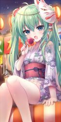 Rule 34 | 1girl, absurdres, bare legs, blush, candy apple, commentary request, floral print, flower, food, fox mask, green eyes, green hair, hair flower, hair ornament, hatsune miku, highres, japanese clothes, kimono, lantern, long hair, long sleeves, looking at viewer, mask, night, night sky, obi, open mouth, sash, shiodome oji, short kimono, sitting, sky, solo focus, star (sky), starry sky, summer festival, twintails, vocaloid, wide sleeves, yukata