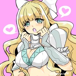 Rule 34 | 1girl, blonde hair, blue eyes, bow, breasts, charlotte (fire emblem), cleavage, fire emblem, fire emblem fates, hair bow, heart, large breasts, long hair, nintendo, open mouth, pink background, simple background, solo, spoken heart, twitter username, upper body, white bow, yukia (firstaid0)