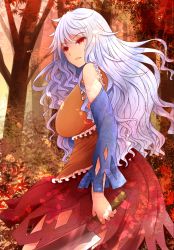 Rule 34 | 1girl, arano oki, autumn, bare shoulders, bow, breasts, commentary request, detached sleeves, forest, frills, hatchet, holding, holding weapon, large breasts, long hair, messy hair, nata (tool), nature, orange eyes, parted lips, red bow, sakata nemuno, solo, touhou, weapon, white hair