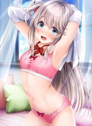 Rule 34 | 1girl, absurdres, armpits, arms up, blue eyes, blue sky, blush, bra, cloud, covered erect nipples, curtains, dakikano, day, embarrassed, flat chest, grey hair, highres, kurono mitsuki, long hair, navel, official art, open clothes, open mouth, open shirt, panties, pillow, pink bra, pink panties, school uniform, shirt, sky, solo, stomach, underwear, white shirt, window