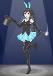 Rule 34 | 1girl, alternate hairstyle, animal ears, black gloves, black hair, black thighhighs, black vest, blue bow, blue bowtie, boots, bow, bowtie, collared shirt, cosplay, fake animal ears, fingerless gloves, geometrie, gloves, green eyes, hat, highres, holding, holding clothes, holding hat, kaitou saint tail, kantai collection, long hair, magician, ooyodo (kancolle), ponytail, rabbit ears, rabbit tail, saint tail, saint tail (cosplay), semi-rimless eyewear, shirt, sleeveless, sleeveless shirt, solo, tail, thigh boots, thighhighs, top hat, under-rim eyewear, vest, wand