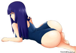 Rule 34 | 1girl, ass, bad deviantart id, bad id, barefoot, blue hair, breasts, evil-dei, from behind, highres, hime cut, huge ass, hyuuga hinata, large breasts, long hair, lying, naruto (series), naruto shippuuden, on side, one-piece swimsuit, purple eyes, school swimsuit, seductive smile, simple background, smile, solo, swimsuit, white background