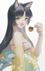 Rule 34 | 1girl, :d, aiv, animal ears, animal print, arknights, bikini, black hair, blush, breasts, dog print, earrings, fang, food, from side, hair ornament, hairclip, hand up, happy, holding, holding food, holding swim ring, innertube, jewelry, long hair, looking at viewer, looking back, open mouth, saga (arknights), single earring, small breasts, smile, solo, swim ring, swimsuit, upper body, very long hair, x hair ornament, yellow eyes