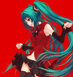 Rule 34 | 1girl, aqua hair, cola miku, detached sleeves, hatsune miku, highres, long hair, navel, open mouth, red background, red eyes, simple background, skirt, solo, thighhighs, totuka, twintails, very long hair, vocaloid, zettai ryouiki