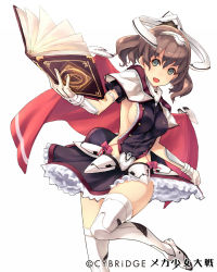 Rule 34 | 1girl, book, boots, breasts, brown hair, cape, clothes lift, copyright name, frilled skirt, frills, gloves, green eyes, hairband, headgear, highres, keypot, leg lift, mecha shoujo taisen z, medium breasts, official art, open mouth, short hair, sideboob, skirt, skirt lift, solo, thigh boots, thighhighs, white background, white gloves, white thighhighs
