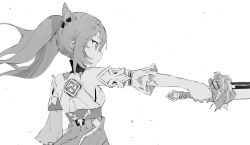 Rule 34 | 1girl, bare shoulders, braid, breasts, cone hair bun, ddari, detached sleeves, dress, from side, genshin impact, greyscale, hair between eyes, hair bun, holding, holding sword, holding weapon, keqing (genshin impact), long hair, looking away, monochrome, outstretched arm, profile, short sleeves, simple background, sleeveless, sleeveless dress, small breasts, solo, sword, twintails, weapon, white background