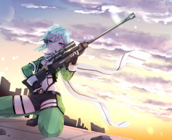 Rule 34 | 1girl, absurdres, anti-materiel rifle, black gloves, black shorts, blue eyes, blue hair, bolt action, cloud, fingerless gloves, gloves, green jacket, green legwear, gun, hair between eyes, hair ornament, hairclip, highres, holding, holding gun, holding weapon, jacket, leotard, long sleeves, looking at viewer, on one knee, open clothes, open jacket, outdoors, pgm hecate ii, rifle, short hair, short shorts, shorts, sinon, sniper rifle, solo, sword art online, tapiko 01, thigh strap, weapon, white leotard