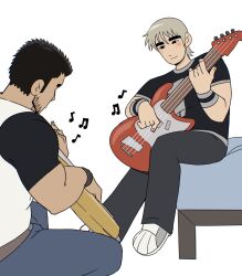 Rule 34 | 2boys, beard stubble, black hair, blush, dating, denim, electric guitar, facial hair, full body, guitar, highres, huge eyebrows, instrument, jeans, looking at another, lucas lee, male focus, multiple boys, musical note, official style, on bed, pants, scott pilgrim (series), scott pilgrim takes off, shirt, short hair, short sleeves, sitting, smile, stubble, t-shirt, teaching, todd ingram, toned, toned male, whyd0id0whatid0, yaoi