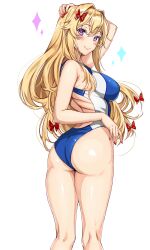 Rule 34 | 1girl, alternate costume, amagi (amagi626), arm up, ass, blonde hair, bow, breasts, competition swimsuit, from behind, hair bow, hair intakes, highres, lips, long hair, looking at viewer, looking back, medium breasts, multi-tied hair, no headwear, one-piece swimsuit, purple eyes, red bow, red nails, sidelocks, solo, swimsuit, touhou, very long hair, white background, white headwear, yakumo yukari