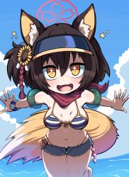 Rule 34 | + +, 1girl, absurdres, animal ear fluff, animal ears, average-hanzo, bare shoulders, bikini, black hair, blue archive, blue sky, blush, breasts, breasts apart, cloud, commentary, cowboy shot, day, denim, denim shorts, english commentary, fang, flower, fox ears, fox girl, fox tail, hair flower, hair ornament, halo, highres, inflatable armbands, izuna (blue archive), izuna (swimsuit) (blue archive), looking at viewer, medium breasts, navel, ocean, official alternate costume, open fly, open mouth, orange eyes, outdoors, outstretched arms, panty straps, red scarf, scarf, short hair, short shorts, shorts, skin fang, sky, smile, solo, spread arms, star (symbol), striped bikini, striped clothes, sunflower, sunflower hair ornament, swimsuit, tail, variant set, visor cap, water, wet