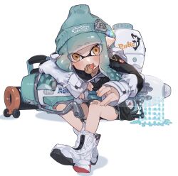 Rule 34 | 1girl, aqua hair, aqua hat, ballpoint splatling (splatoon), bandaid, bandaid on knee, bandaid on leg, beanie, commentary request, food in mouth, full body, gun, hat, high tops, highres, holding, holding gun, holding weapon, ink mine (splatoon), ink vac (splatoon), inkling, inkling girl, inkling player character, invisible chair, long hair, looking at viewer, nintendo, pointy ears, shoes, simple background, sitting, sneakers, solo, splatoon (series), splatoon 3, tentacle hair, thick eyebrows, weapon, white background, white footwear, yellow eyes, yksb inc6