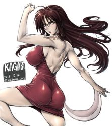 Rule 34 | 1girl, amania orz, arm blade, ass, back, backless dress, backless outfit, bare shoulders, breasts, character name, dated, dress, impossible clothes, impossible dress, kagari (ushio to tora), large breasts, long hair, muscular, muscular female, red hair, shoulder tattoo, sideboob, skin tight, solo, tattoo, thighs, ushio to tora, weapon, white background