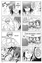 Rule 34 | 1boy, 3girls, 4koma, :&gt;, :&lt;, anger vein, angry, arrow (symbol), banpresto, bouncing breasts, braid, breasts, clenched hand, comic, emphasis lines, empty eyes, face punch, foreshortening, greyscale, hard-translated, ibis douglas, in the face, kusuha mizuha, monochrome, multiple 4koma, multiple girls, punching, sanger zonvolt, seolla schweizer, shaded face, short hair, simple background, single braid, super robot wars, third-party edit, translated, triangular headpiece, wall, white background