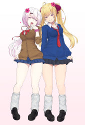 Rule 34 | 2girls, absurdres, black skirt, blonde hair, blue cardigan, blue skirt, blush, bow, bowtie, breasts, brown cardigan, cardigan, cleavage, collarbone, commentary, covering own mouth, flower, from below, full body, gluteal fold, gradient background, grin, gyaru, hair bow, hair flower, hair ornament, hair ribbon, hairclip, hand over own mouth, heart, highres, large breasts, legs, lips, long hair, long sleeves, looking at viewer, loose necktie, loose neckwear, loose socks, medium breasts, microskirt, miniskirt, multiple girls, nail polish, necktie, nijisanji, open mouth, pink eyes, pink hair, pink nails, pleated skirt, purple eyes, red neckwear, red ribbon, ribbon, scrunchie, shiina yuika, skirt, smile, smug, socks, standing, takamiya rion, temari rin, thighs, very long hair, virtual youtuber