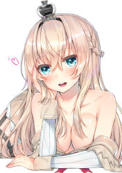 Rule 34 | 10s, 1girl, :d, arm support, bad id, bad pixiv id, bare shoulders, blonde hair, blue eyes, blush, braid, breasts, cleavage, crown, french braid, hakuishi aoi, heart, kantai collection, long hair, medium breasts, mini crown, off shoulder, open mouth, smile, solo, warspite (kancolle)