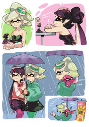 Rule 34 | + +, black dress, black hair, black jumpsuit, brown eyes, callie (splatoon), closed eyes, closed mouth, commentary, cousins, detached collar, dress, earrings, food, food on head, french fries, gloves, gomipomi, green legwear, green shirt, grey hair, hands in pockets, holding, holding umbrella, hood, hood basket, hoodie, inkling, jacket, jewelry, jumpsuit, letterman jacket, light smile, long hair, long sleeves, looking at another, looking back, marie (splatoon), mask, mini person, minigirl, mole, mole under eye, multiple views, musical note, nintendo, object on head, one eye closed, pantyhose, pointy ears, quaver, rain, red jacket, shirt, short hair, short jumpsuit, sitting, smile, squid, standing, strapless, strapless dress, sushi, table, tentacle hair, umbrella, white gloves