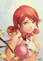 Rule 34 | 1girl, bare shoulders, breasts, earrings, felia hanakata, final fantasy, final fantasy xiii, flower, green eyes, jewelry, looking at viewer, medium breasts, necklace, oerba dia vanille, orange hair, parted lips, short twintails, smile, solo, twintails, upper body